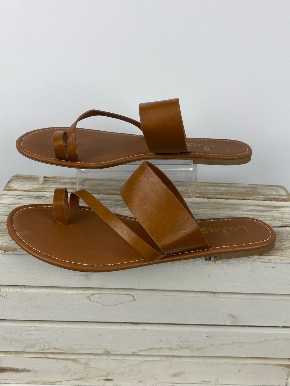 Lulus Avena brown vegan leather flat sandals women’s size 10 - Picture 4 of 14